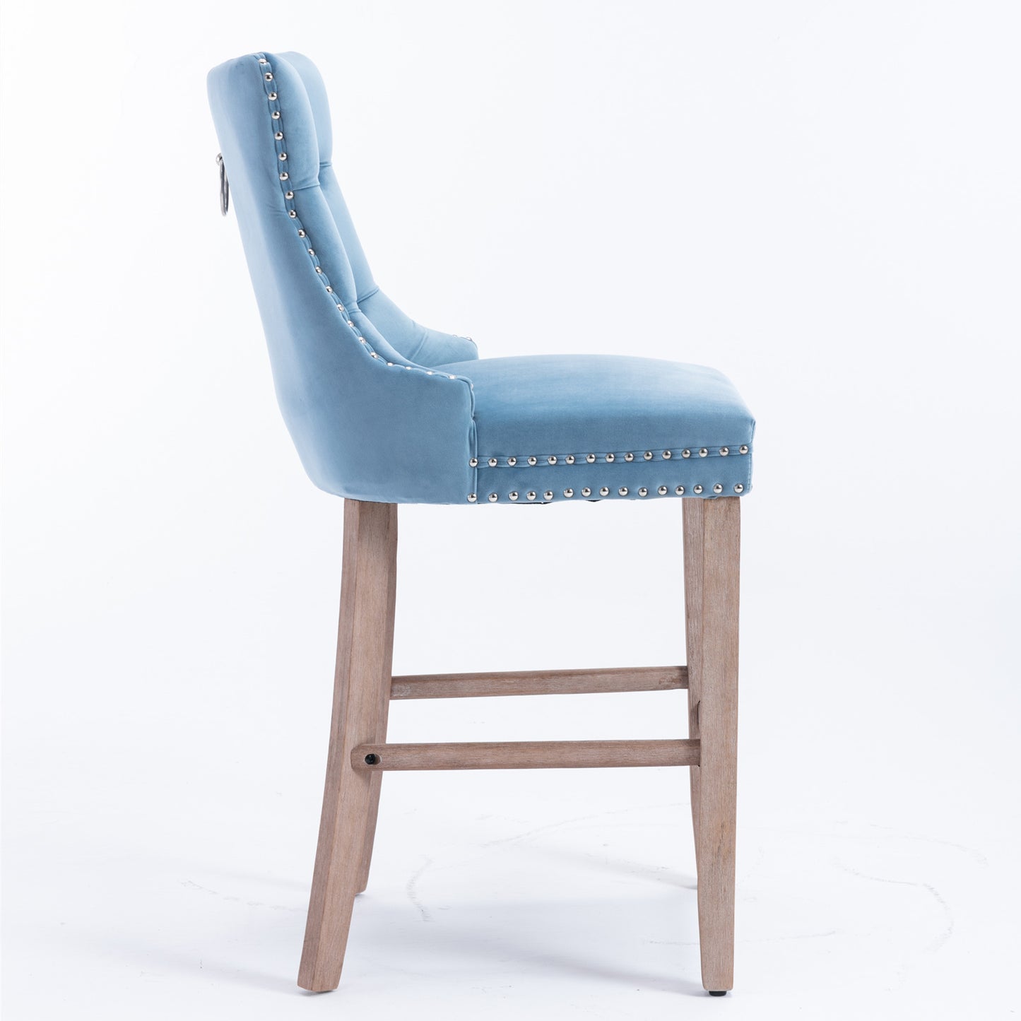 2 pcs High-End Chrome Detailed Tufted Contemporary Velvet Bar Stool with Wooden Legs- Light Blue, Brown_5