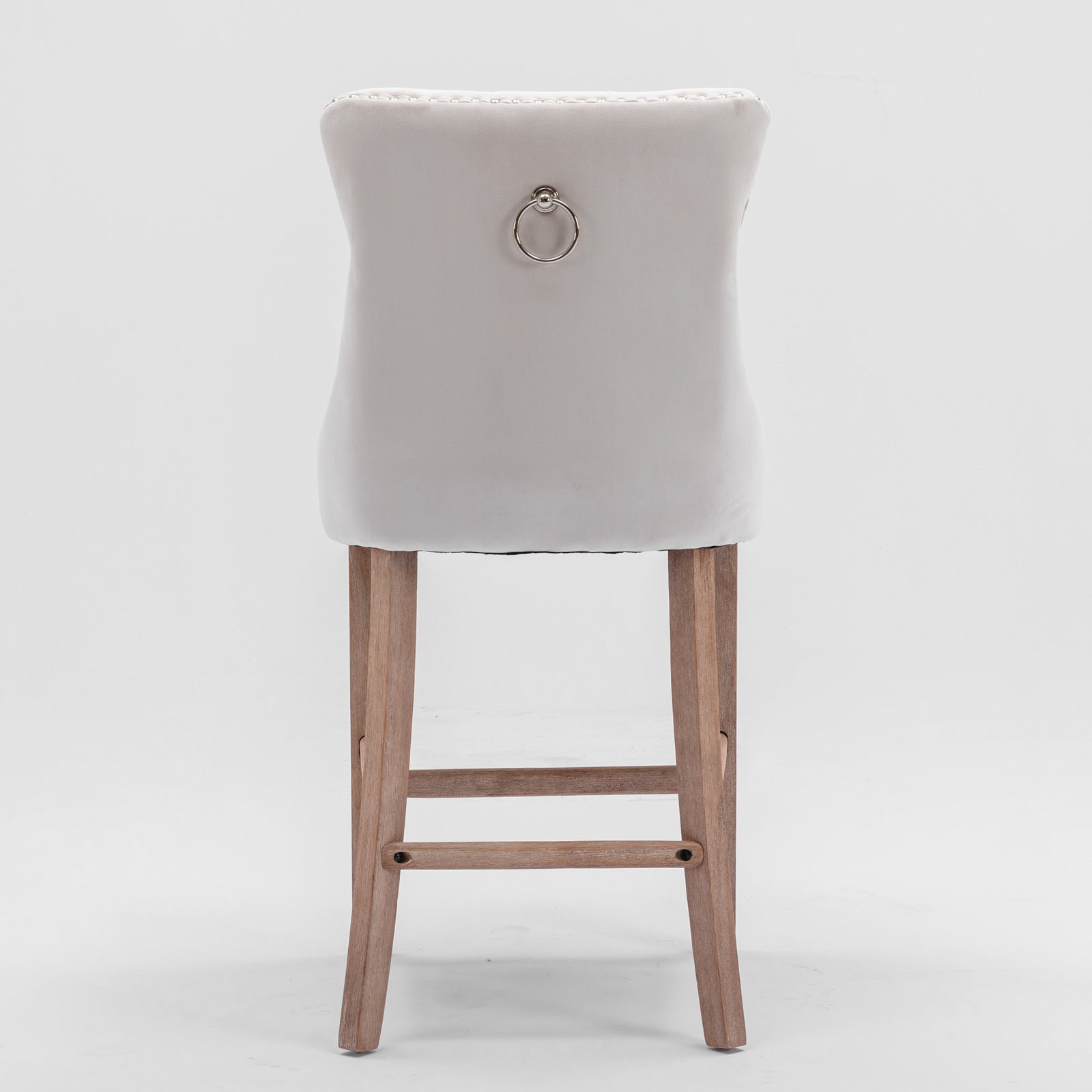 2 pcs High-End Chrome Detailed Tufted Contemporary Velvet Bar Stool with Wooden Legs- Beige, Brown_6