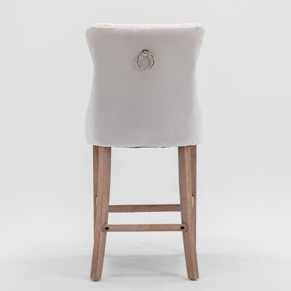 2 pcs High-End Chrome Detailed Tufted Contemporary Velvet Bar Stool with Wooden Legs- Beige, Brown_6