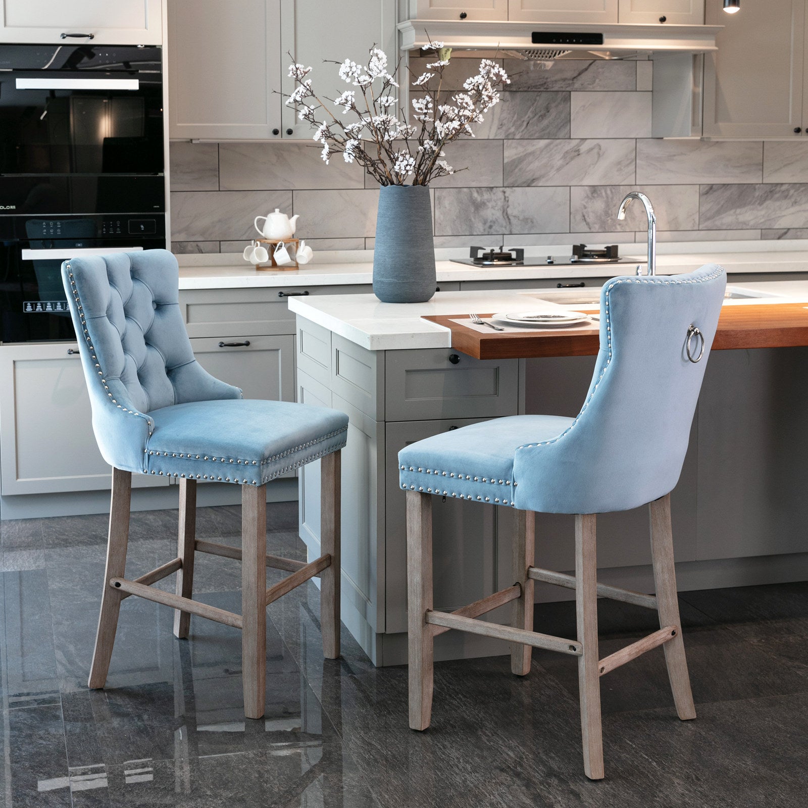 2 pcs High-End Chrome Detailed Tufted Contemporary Velvet Bar Stool with Wooden Legs- Light Blue, Brown_10