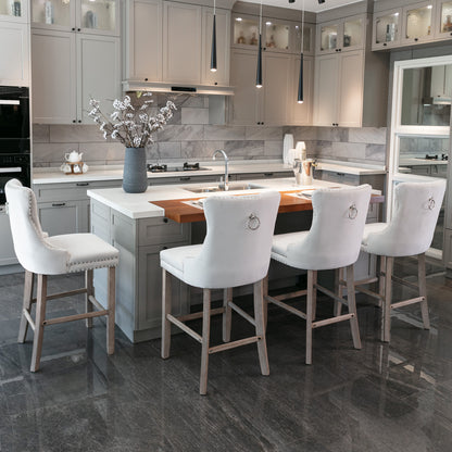2 pcs High-End Chrome Detailed Tufted Contemporary Velvet Bar Stool with Wooden Legs- Beige, Brown_13
