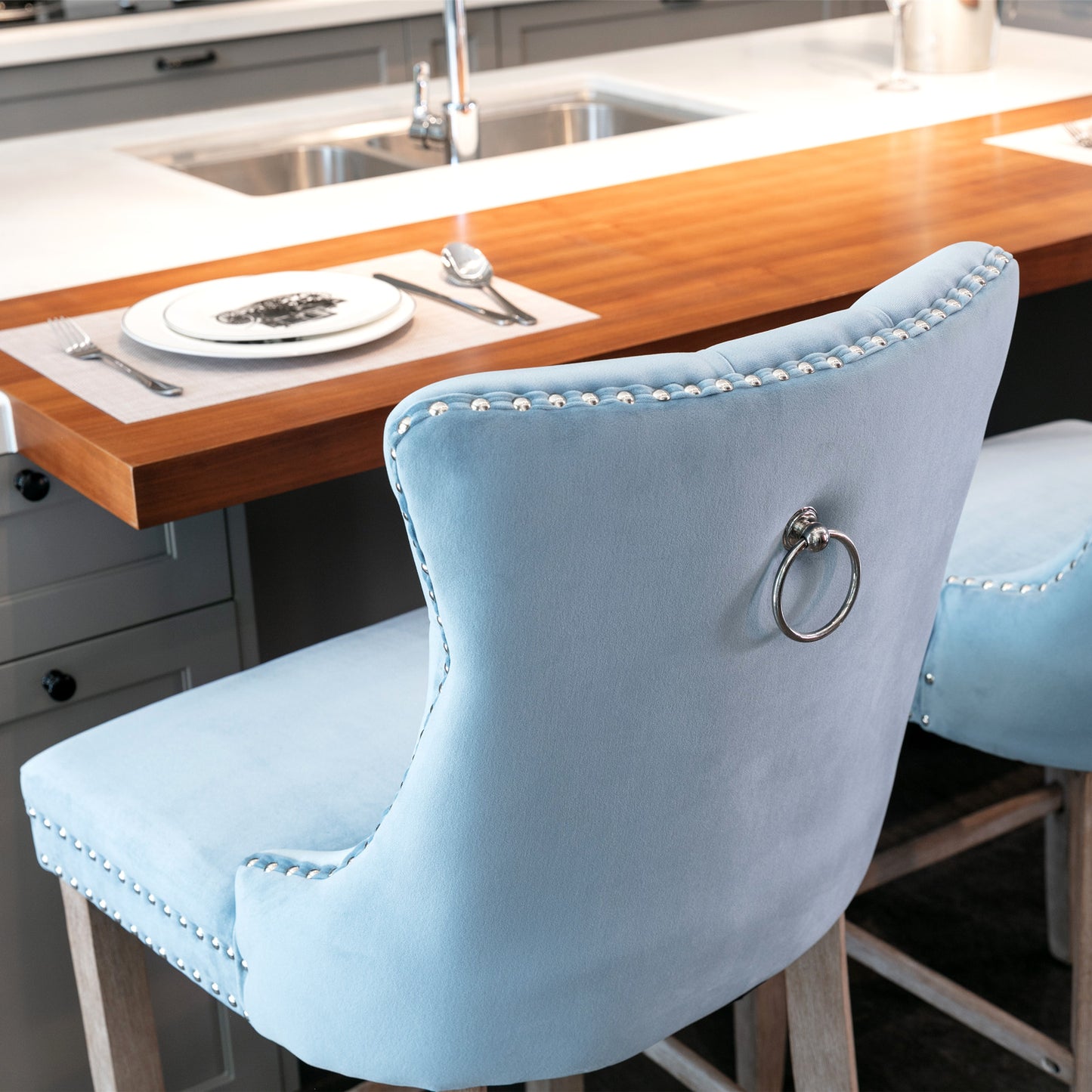 2 pcs High-End Chrome Detailed Tufted Contemporary Velvet Bar Stool with Wooden Legs- Light Blue, Brown_9