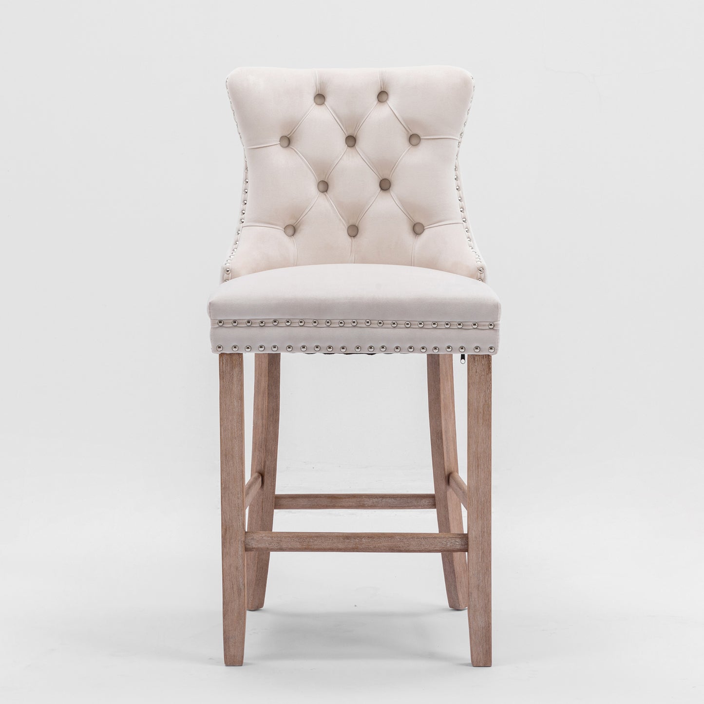 2 pcs High-End Chrome Detailed Tufted Contemporary Velvet Bar Stool with Wooden Legs- Beige, Brown_2