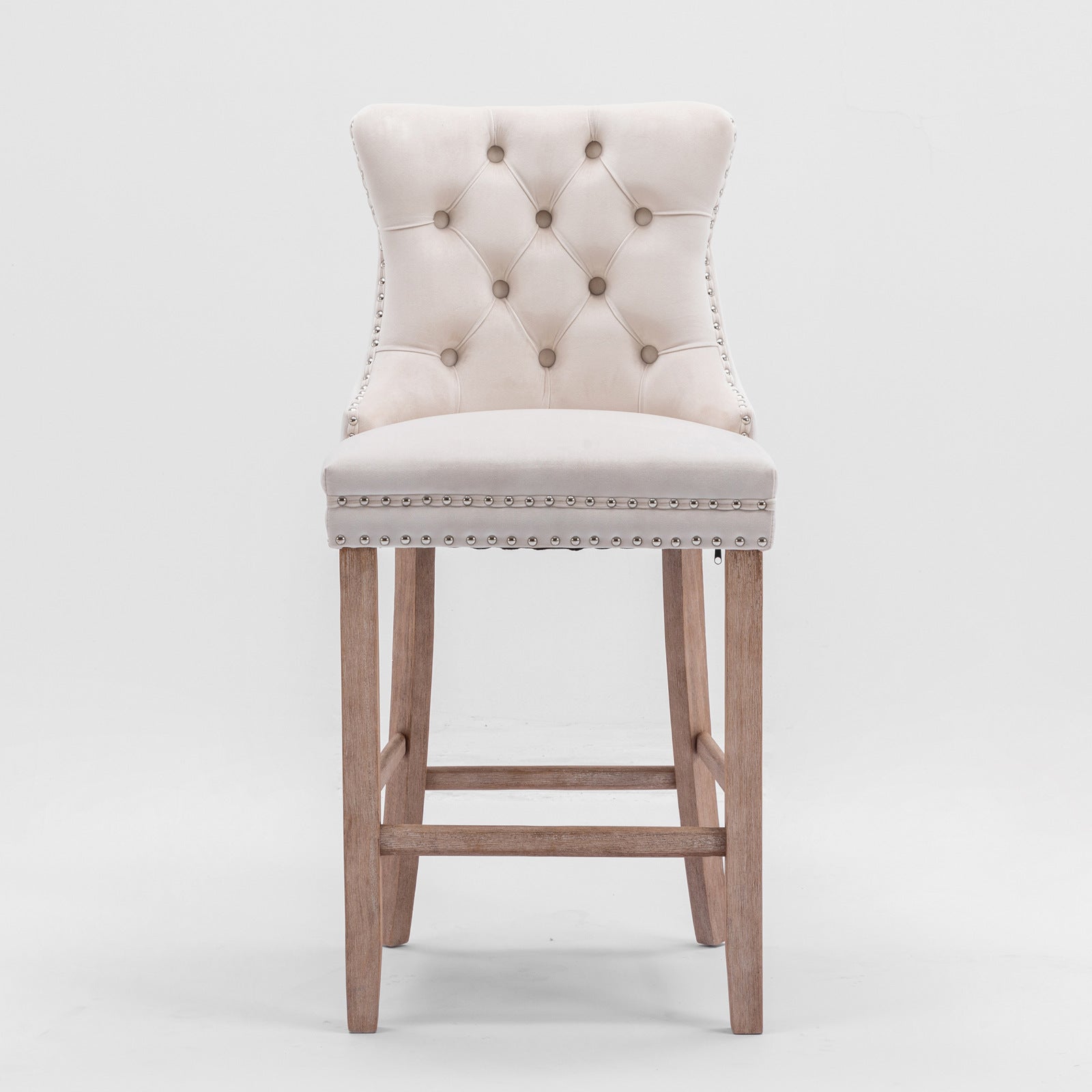 2 pcs High-End Chrome Detailed Tufted Contemporary Velvet Bar Stool with Wooden Legs- Beige, Brown_2