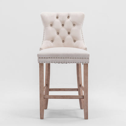 2 pcs High-End Chrome Detailed Tufted Contemporary Velvet Bar Stool with Wooden Legs- Beige, Brown_2