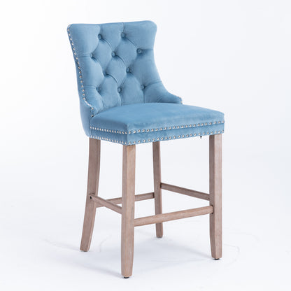 2 pcs High-End Chrome Detailed Tufted Contemporary Velvet Bar Stool with Wooden Legs- Light Blue, Brown_3