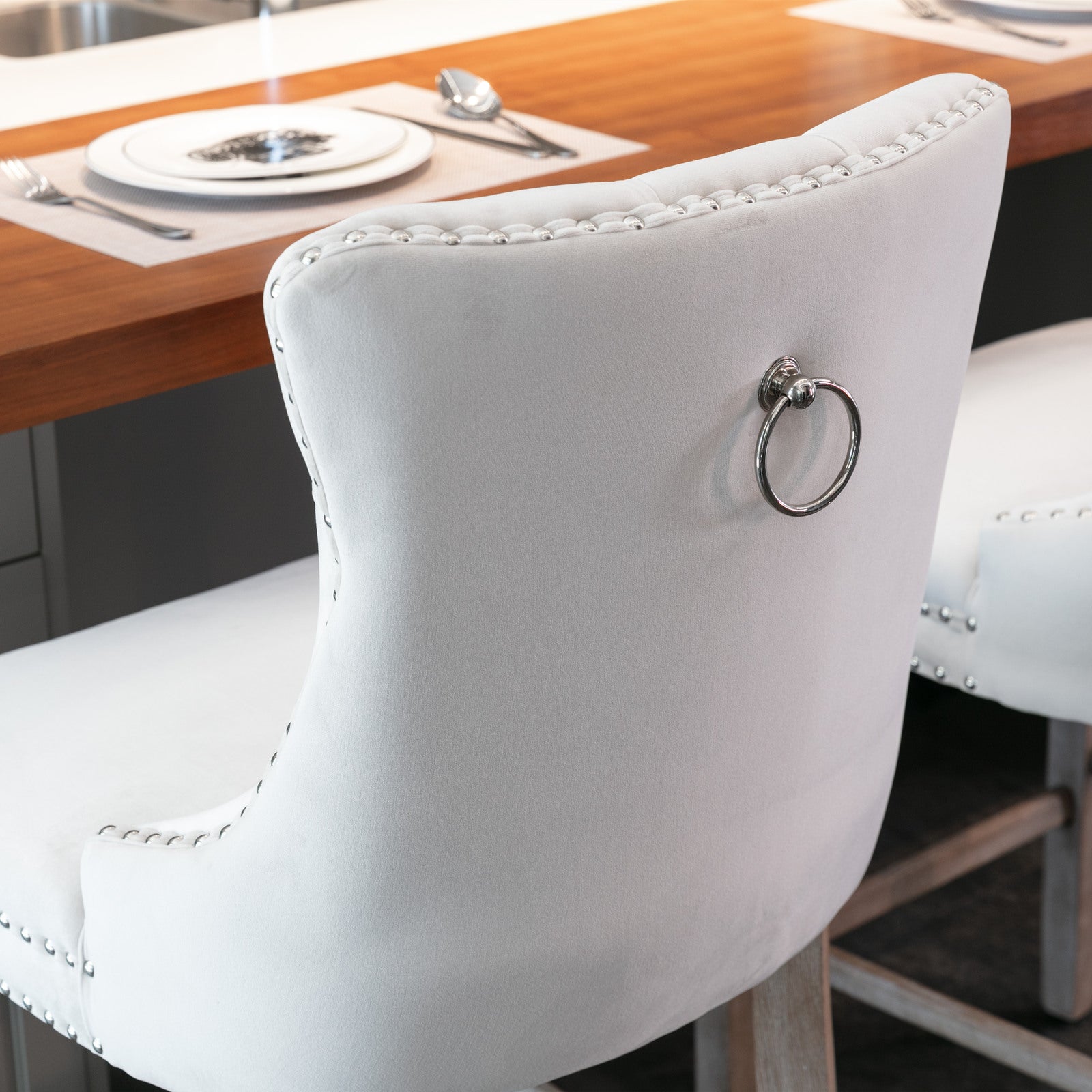 2 pcs High-End Chrome Detailed Tufted Contemporary Velvet Bar Stool with Wooden Legs- Beige, Brown_10