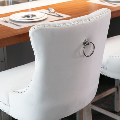 2 pcs High-End Chrome Detailed Tufted Contemporary Velvet Bar Stool with Wooden Legs- Beige, Brown_10