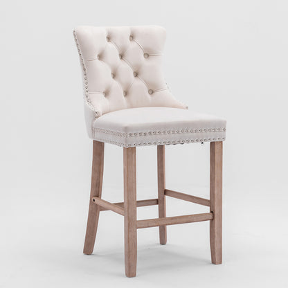 2 pcs High-End Chrome Detailed Tufted Contemporary Velvet Bar Stool with Wooden Legs- Beige, Brown_3