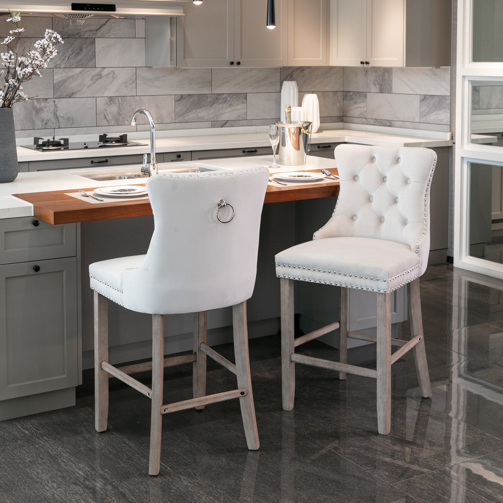 2 pcs High-End Chrome Detailed Tufted Contemporary Velvet Bar Stool with Wooden Legs- Beige, Brown_11