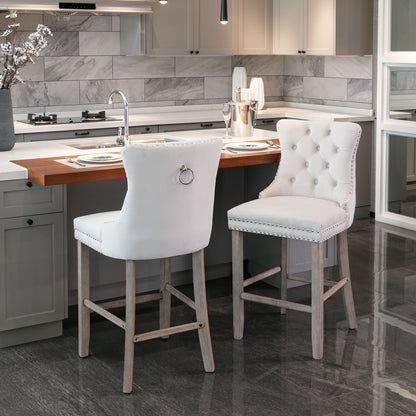 2 pcs High-End Chrome Detailed Tufted Contemporary Velvet Bar Stool with Wooden Legs- Beige, Brown_11