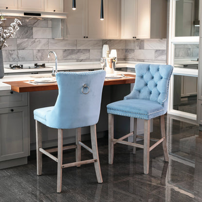 2 pcs High-End Chrome Detailed Tufted Contemporary Velvet Bar Stool with Wooden Legs- Light Blue, Brown_1