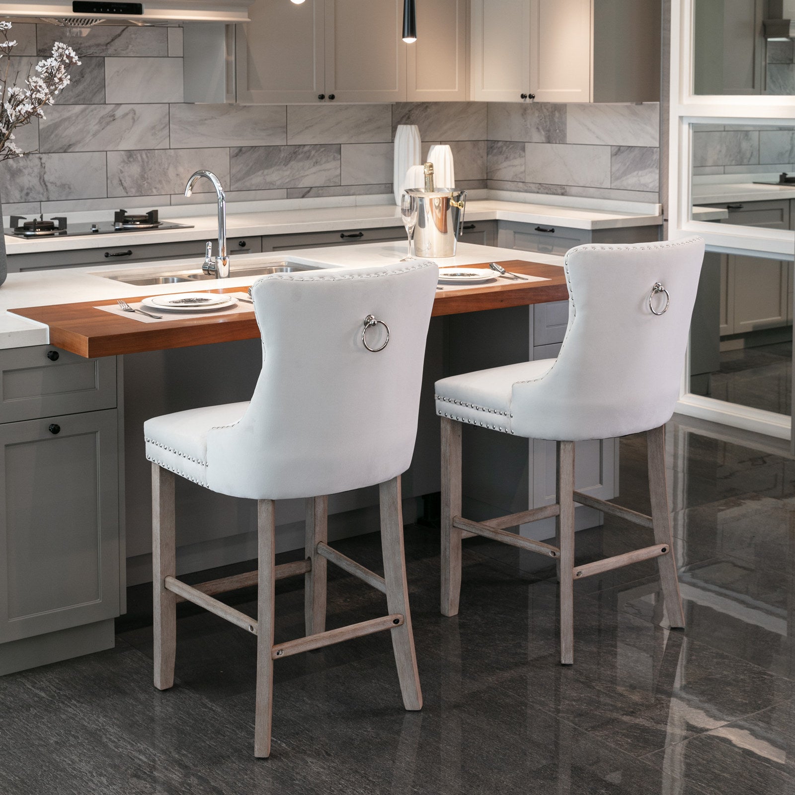 2 pcs High-End Chrome Detailed Tufted Contemporary Velvet Bar Stool with Wooden Legs- Beige, Brown_12