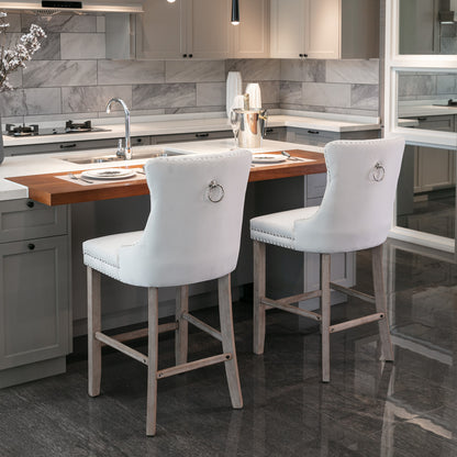 2 pcs High-End Chrome Detailed Tufted Contemporary Velvet Bar Stool with Wooden Legs- Beige, Brown_12