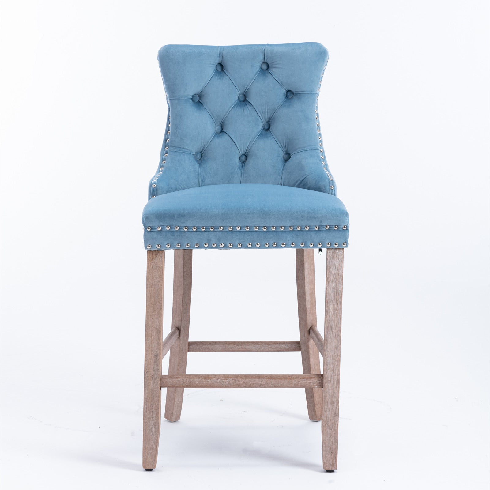 2 pcs High-End Chrome Detailed Tufted Contemporary Velvet Bar Stool with Wooden Legs- Light Blue, Brown_2