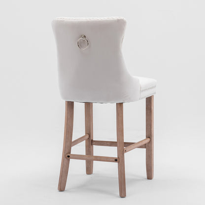 2 pcs High-End Chrome Detailed Tufted Contemporary Velvet Bar Stool with Wooden Legs- Beige, Brown_5