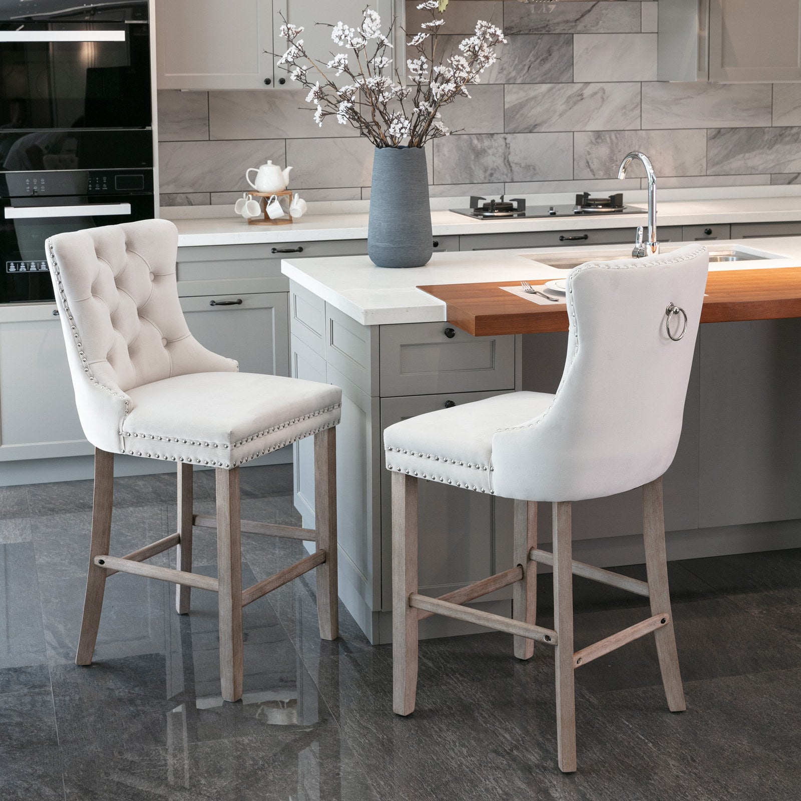 2 pcs High-End Chrome Detailed Tufted Contemporary Velvet Bar Stool with Wooden Legs- Beige, Brown_1