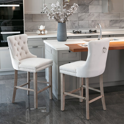 2 pcs High-End Chrome Detailed Tufted Contemporary Velvet Bar Stool with Wooden Legs- Beige, Brown_1