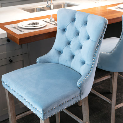 2 pcs High-End Chrome Detailed Tufted Contemporary Velvet Bar Stool with Wooden Legs- Light Blue, Brown_8