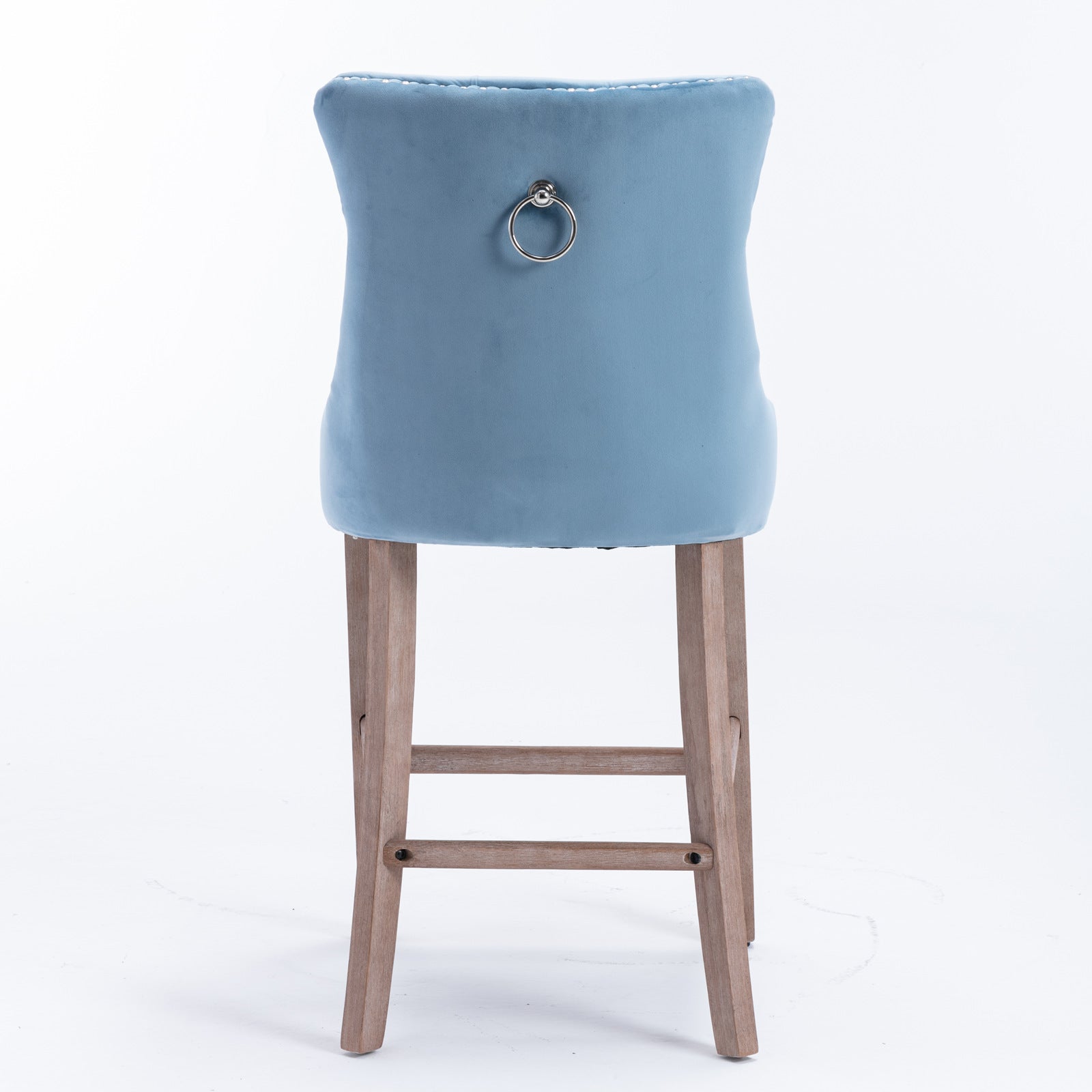 2 pcs High-End Chrome Detailed Tufted Contemporary Velvet Bar Stool with Wooden Legs- Light Blue, Brown_7