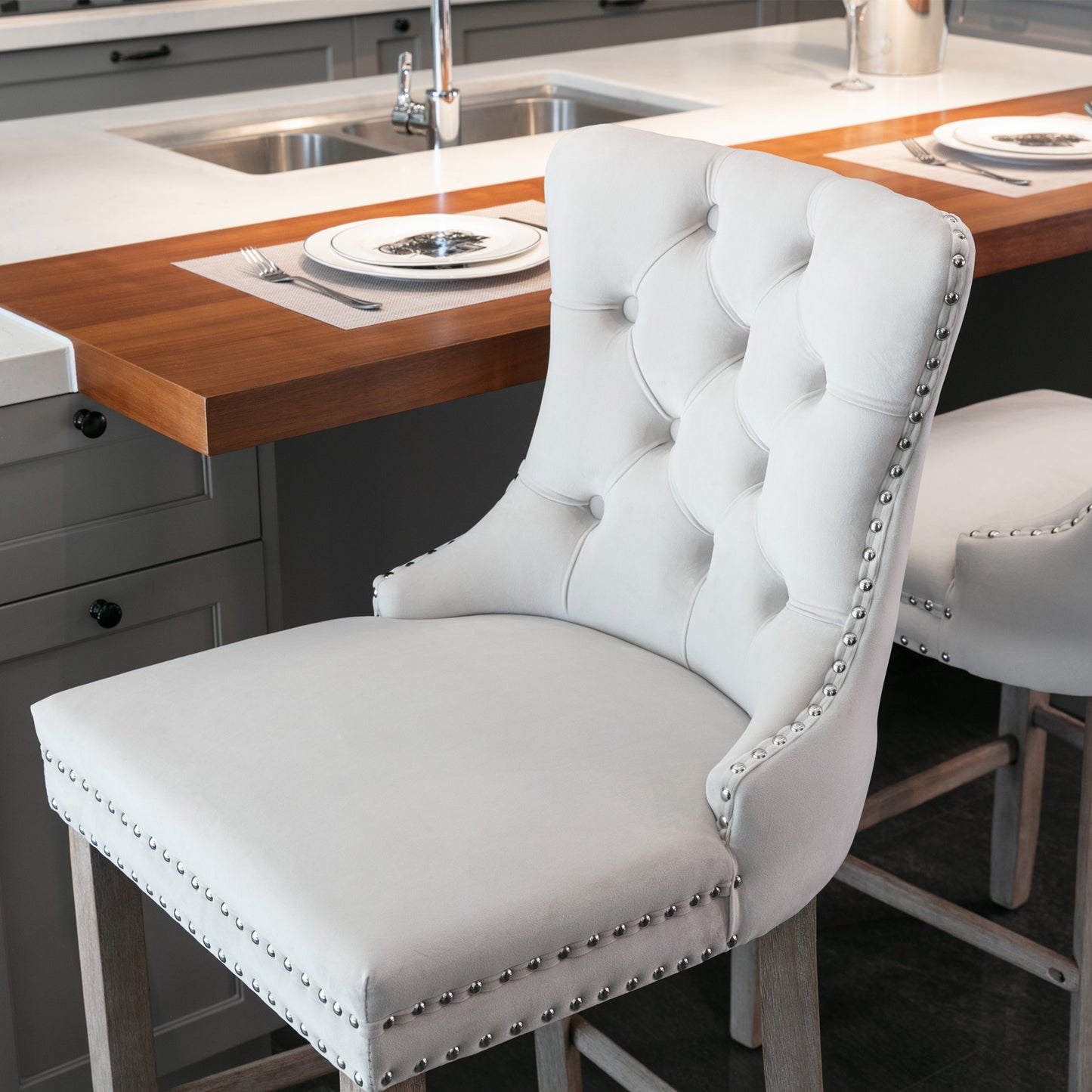 2 pcs High-End Chrome Detailed Tufted Contemporary Velvet Bar Stool with Wooden Legs- Beige, Brown_9