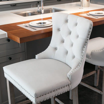 2 pcs High-End Chrome Detailed Tufted Contemporary Velvet Bar Stool with Wooden Legs- Beige, Brown_9