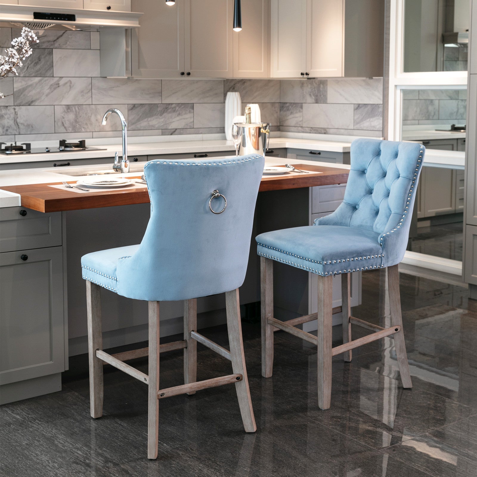 2 pcs High-End Chrome Detailed Tufted Contemporary Velvet Bar Stool with Wooden Legs- Light Blue, Brown_11
