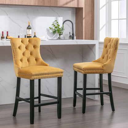 2 pcs High-End Chrome Detailed Tufted Contemporary Velvet Bar Stool with Wooden Legs- Gold, Black_15