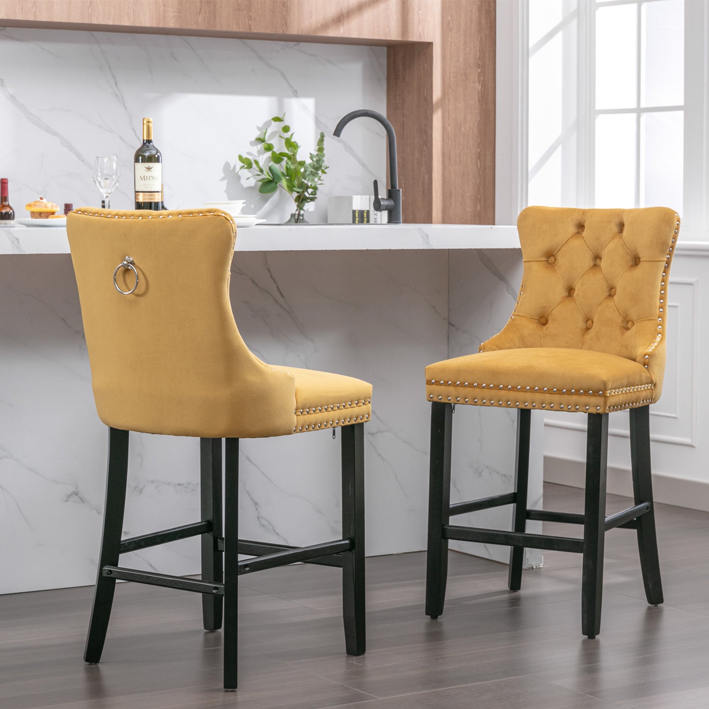 2 pcs High-End Chrome Detailed Tufted Contemporary Velvet Bar Stool with Wooden Legs- Gold, Black_14