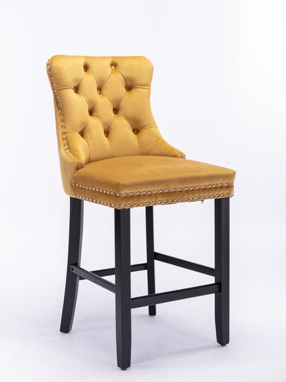2 pcs High-End Chrome Detailed Tufted Contemporary Velvet Bar Stool with Wooden Legs- Gold, Black_3