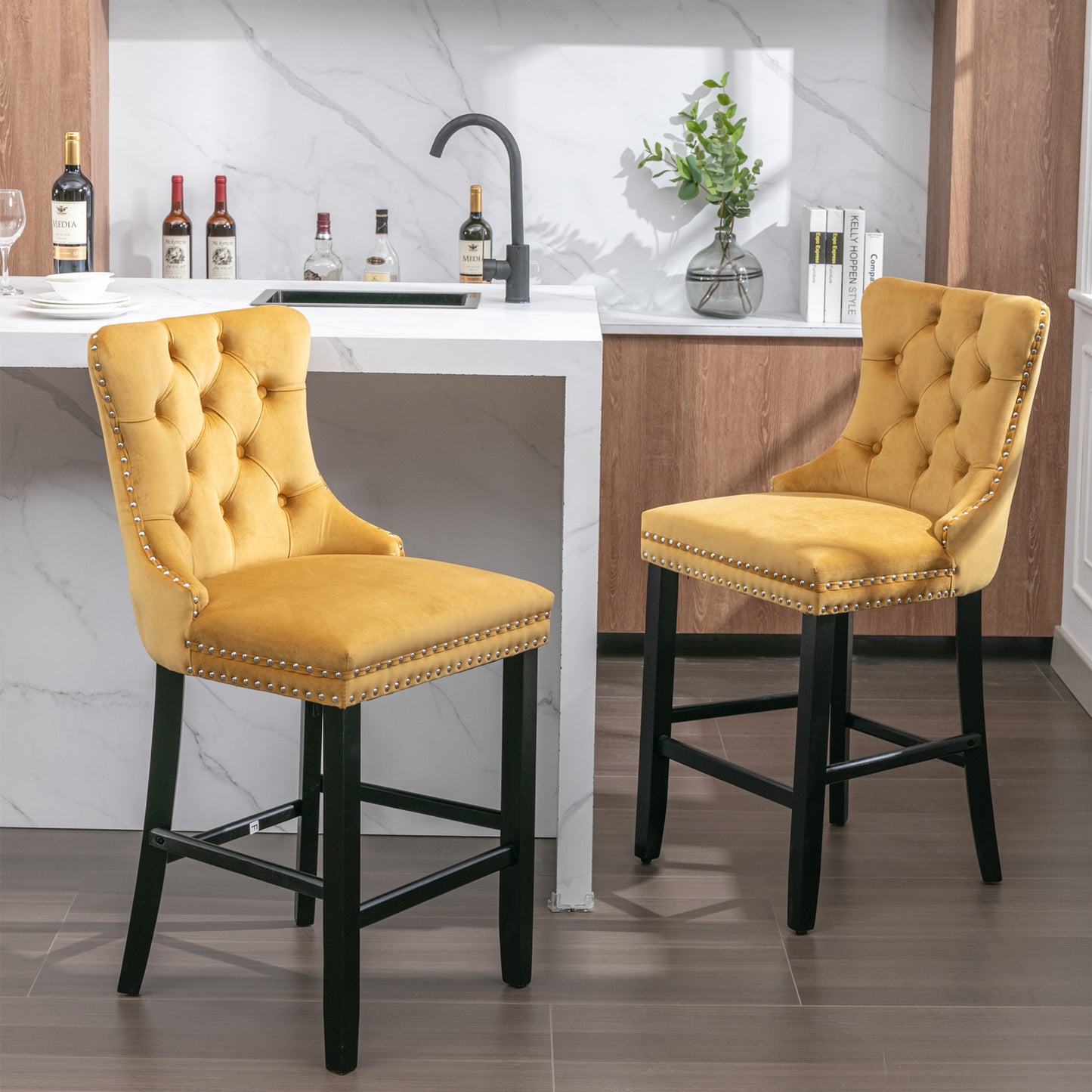 2 pcs High-End Chrome Detailed Tufted Contemporary Velvet Bar Stool with Wooden Legs- Gold, Black_13