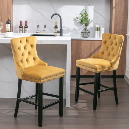 2 pcs High-End Chrome Detailed Tufted Contemporary Velvet Bar Stool with Wooden Legs- Gold, Black_13