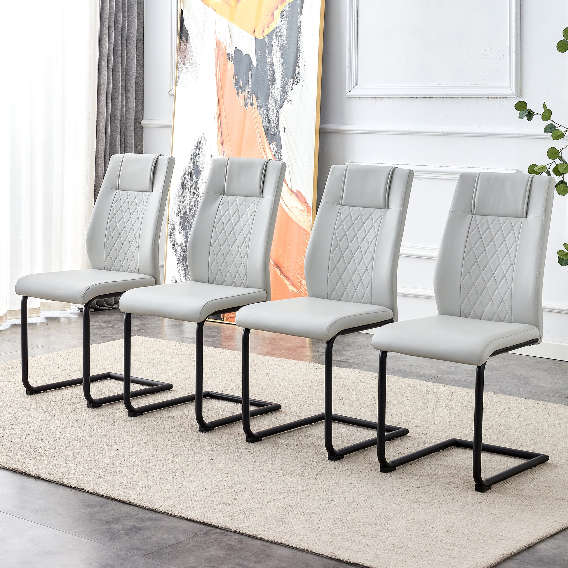 4 Pcs Leather Upholstered High Back Dining Chairs with Metal Base- Gray, Black_1