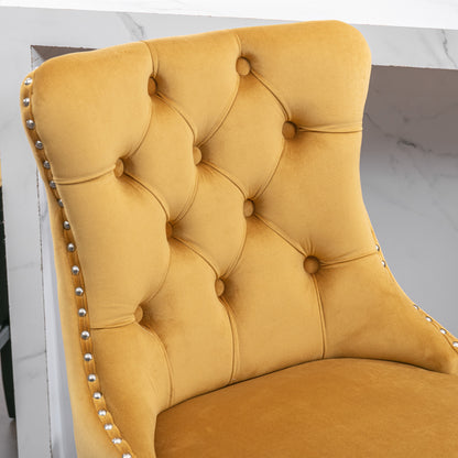 2 pcs High-End Chrome Detailed Tufted Contemporary Velvet Bar Stool with Wooden Legs- Gold, Black_8
