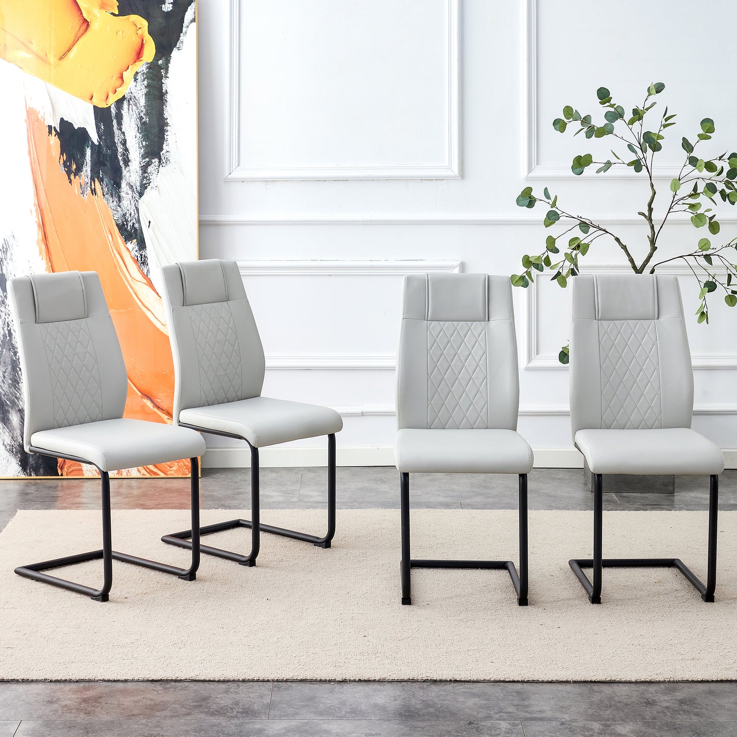 4 Pcs Leather Upholstered High Back Dining Chairs with Metal Base- Gray, Black_2