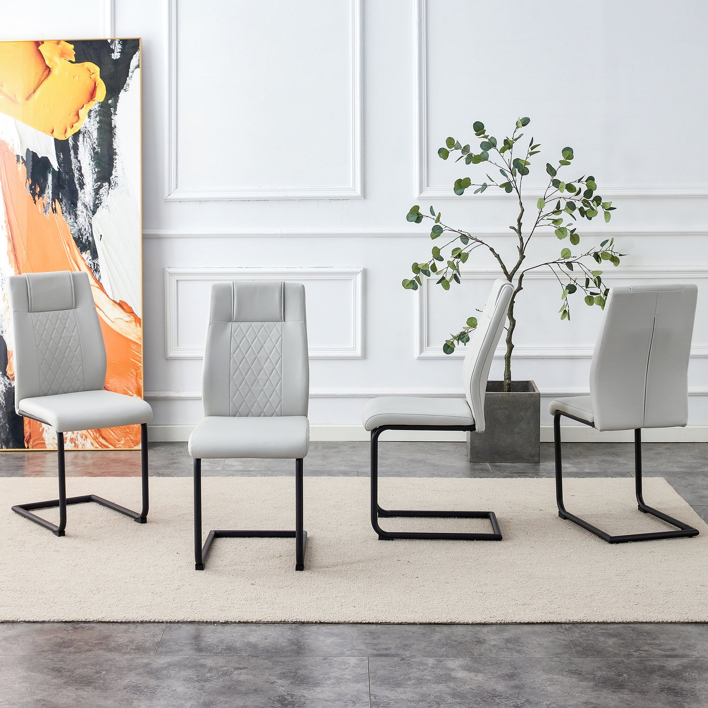 4 Pcs Leather Upholstered High Back Dining Chairs with Metal Base- Gray, Black_3