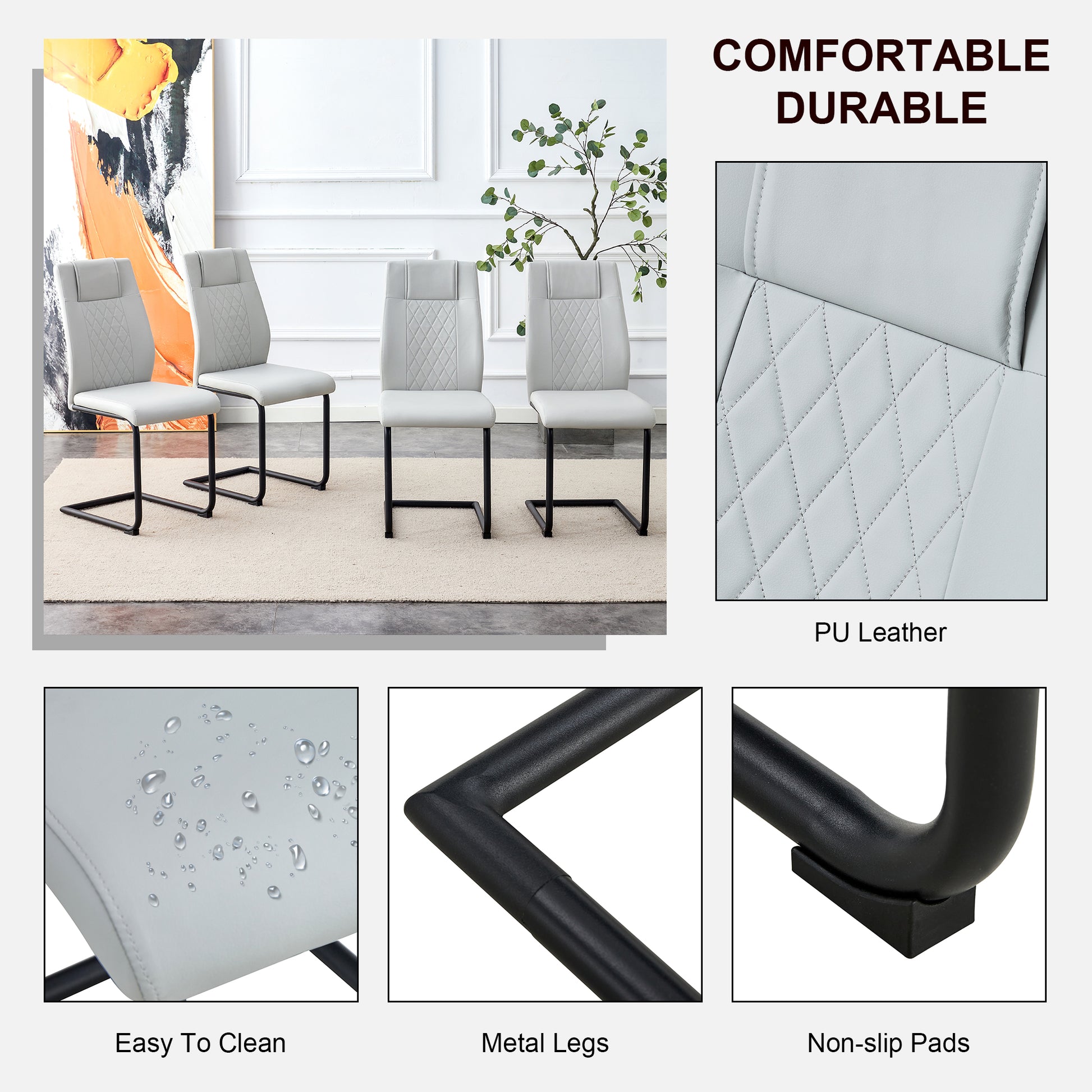 4 Pcs Leather Upholstered High Back Dining Chairs with Metal Base- Gray, Black_17