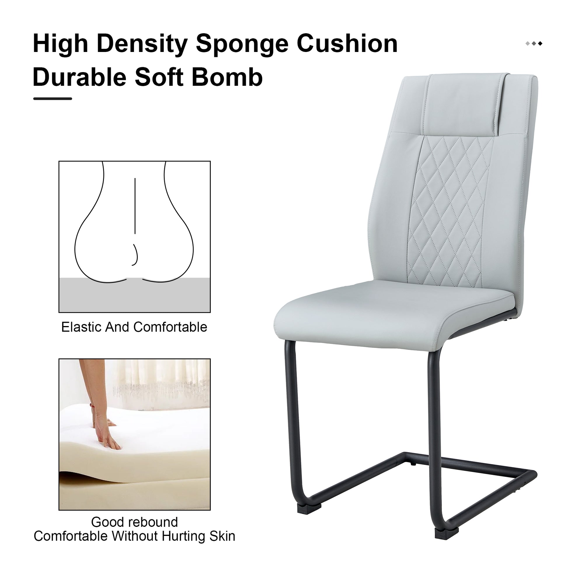 4 Pcs Leather Upholstered High Back Dining Chairs with Metal Base- Gray, Black_14