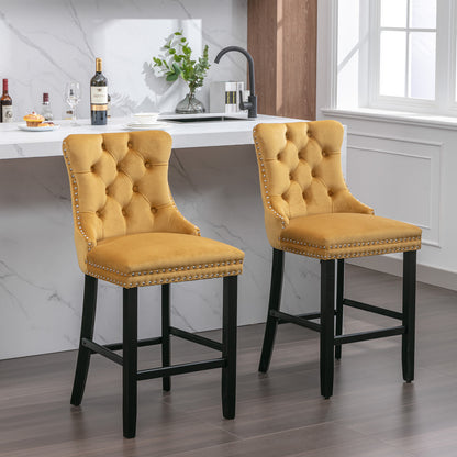 2 pcs High-End Chrome Detailed Tufted Contemporary Velvet Bar Stool with Wooden Legs- Gold, Black_12