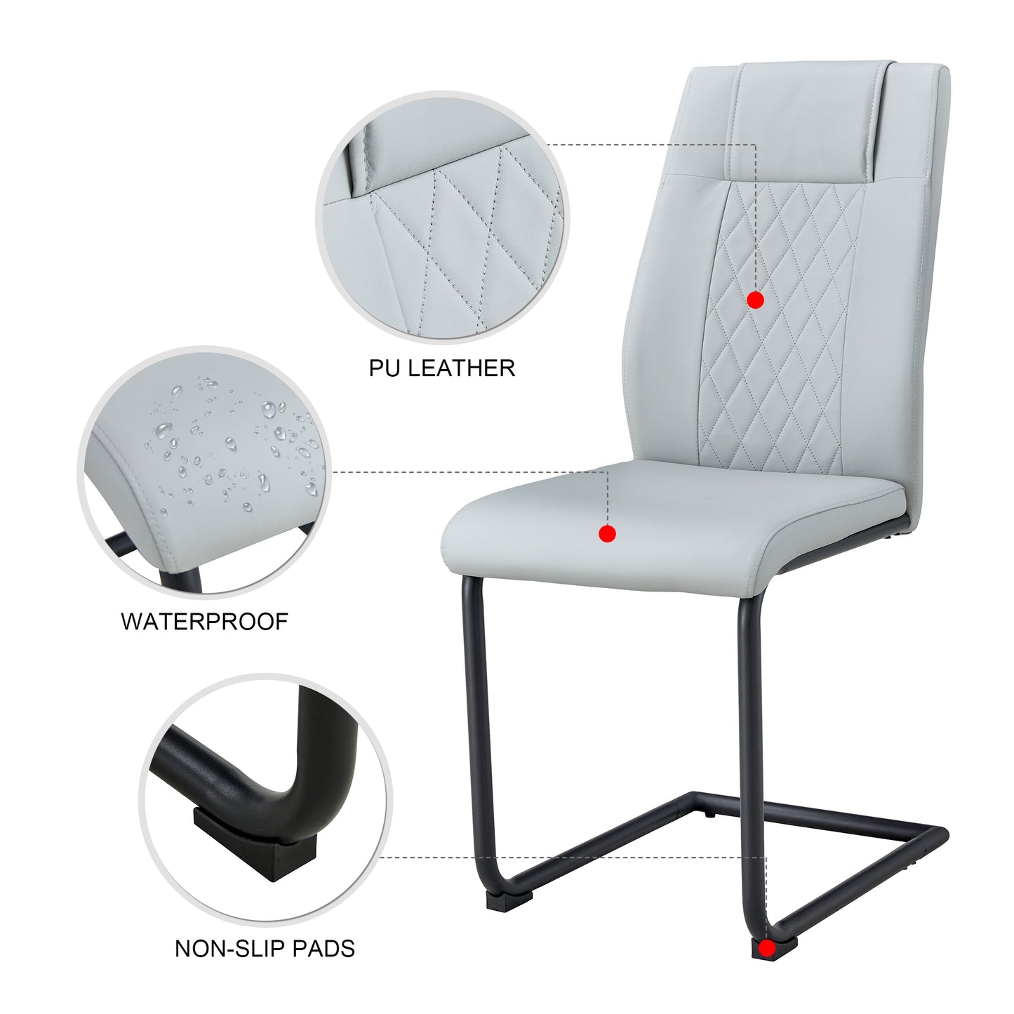 4 Pcs Leather Upholstered High Back Dining Chairs with Metal Base- Gray, Black_16