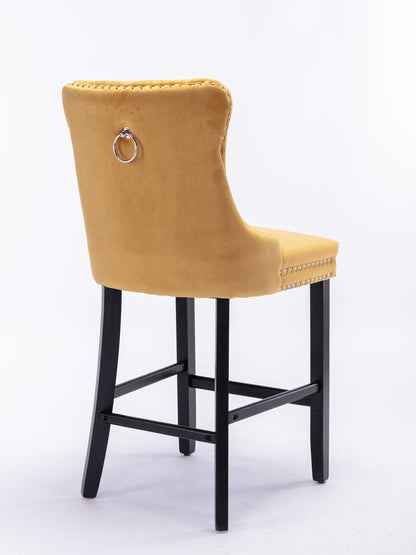 2 pcs High-End Chrome Detailed Tufted Contemporary Velvet Bar Stool with Wooden Legs- Gold, Black_5