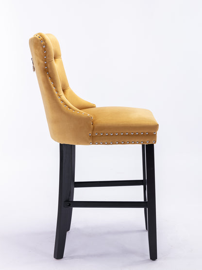 2 pcs High-End Chrome Detailed Tufted Contemporary Velvet Bar Stool with Wooden Legs- Gold, Black_4