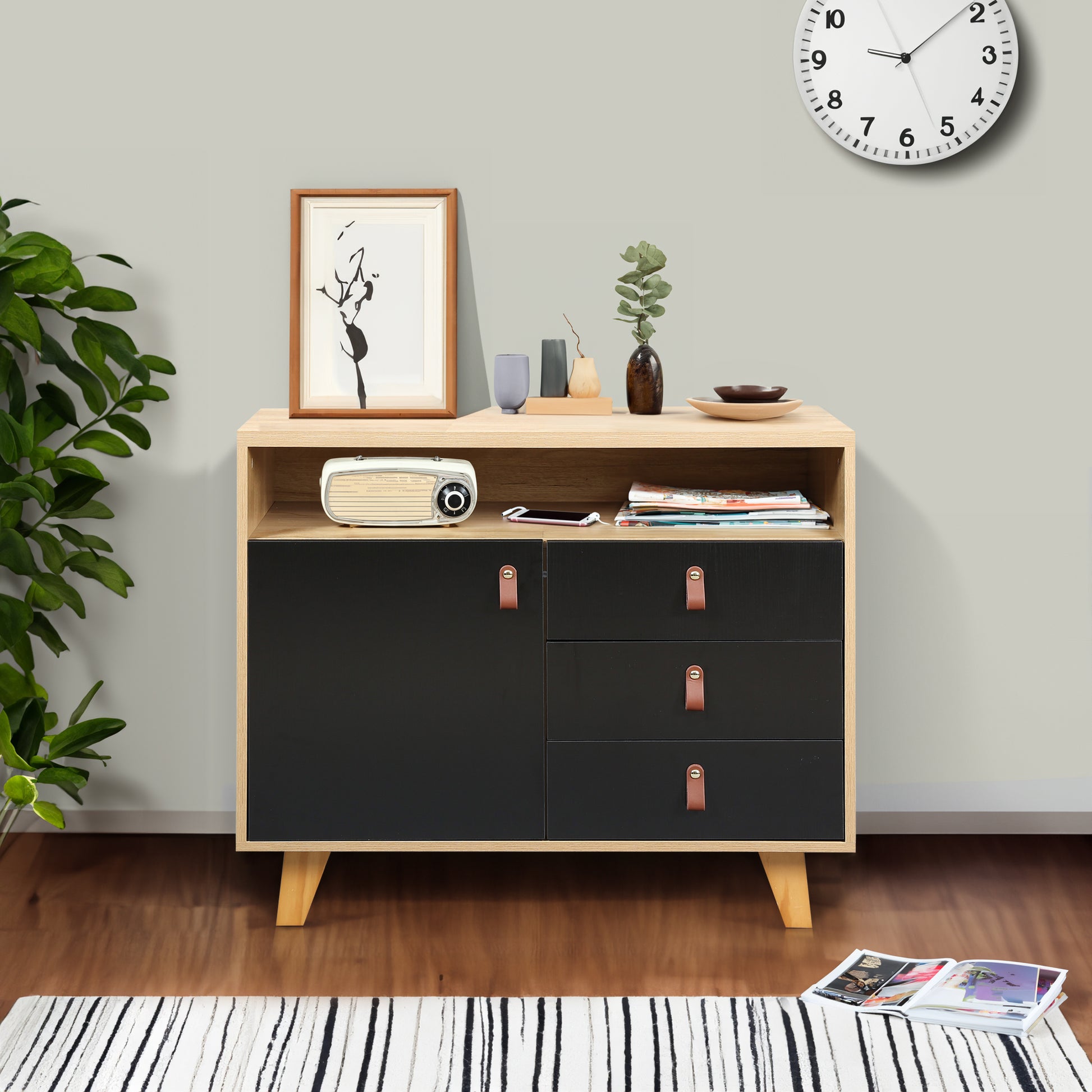 Wood Storage Dresser Cabinet Bar Storage Organizer with PU Handles- Black+Brown_3