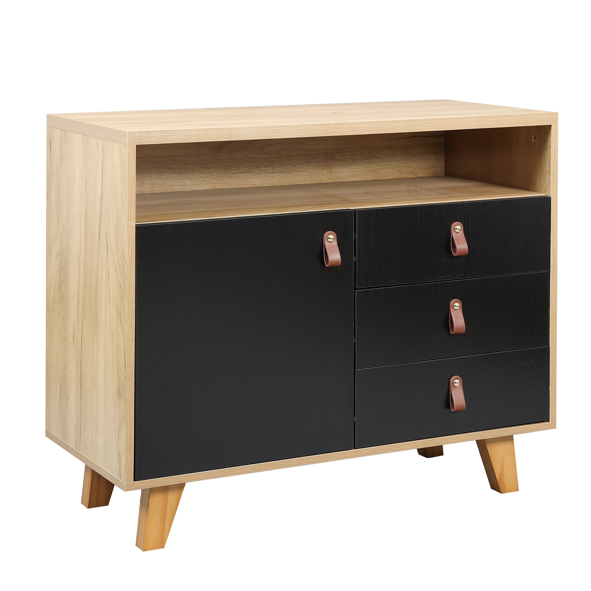 Wood Storage Dresser Cabinet Bar Storage Organizer with PU Handles- Black+Brown_8