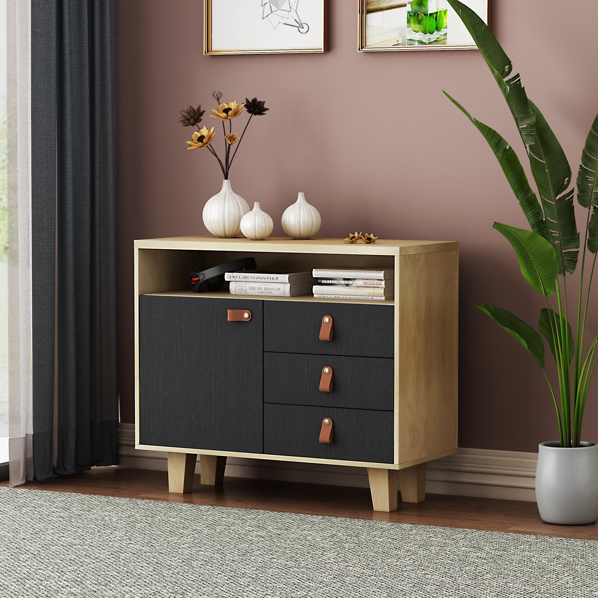 Wood Storage Dresser Cabinet Bar Storage Organizer with PU Handles- Black+Brown_2