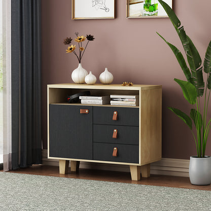 Wood Storage Dresser Cabinet Bar Storage Organizer with PU Handles- Black+Brown_2