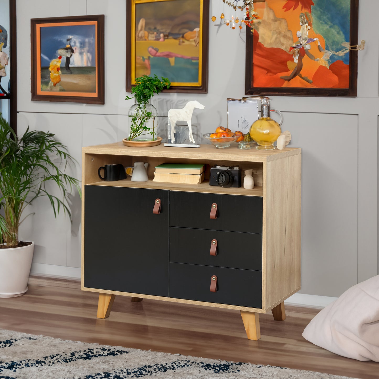 Wood Storage Dresser Cabinet Bar Storage Organizer with PU Handles- Black+Brown_4