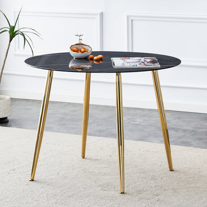 40 inches Modern Minimalist Round Black Marbled Glass Coffee Table with Gold Metal Legs_2