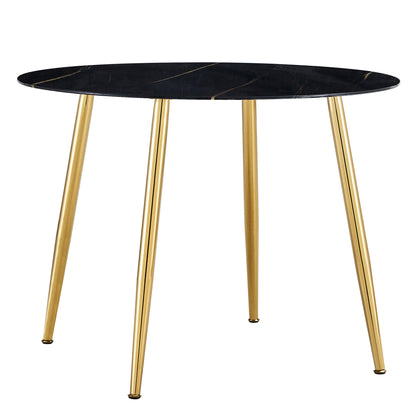 40 inches Modern Minimalist Round Black Marbled Glass Coffee Table with Gold Metal Legs_3