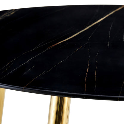 40 inches Modern Minimalist Round Black Marbled Glass Coffee Table with Gold Metal Legs_10